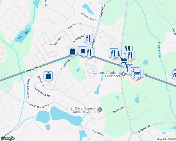 map of restaurants, bars, coffee shops, grocery stores, and more near 1107 Lossie Lane in Grayson
