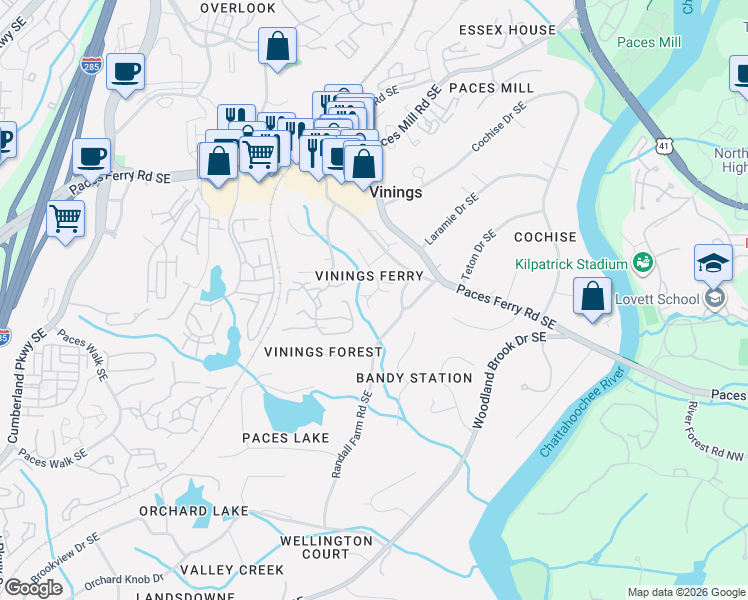 map of restaurants, bars, coffee shops, grocery stores, and more near 3024 Vinings Ferry Drive Southeast in Atlanta