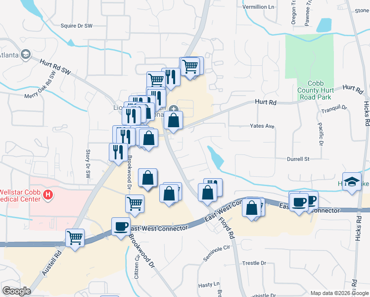 map of restaurants, bars, coffee shops, grocery stores, and more near 3775 Olson Drive in Austell