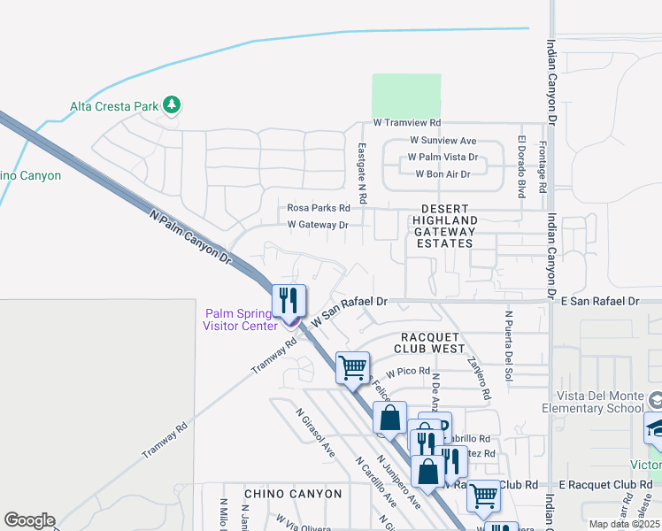 map of restaurants, bars, coffee shops, grocery stores, and more near 2822 North Auburn Circle in Palm Springs