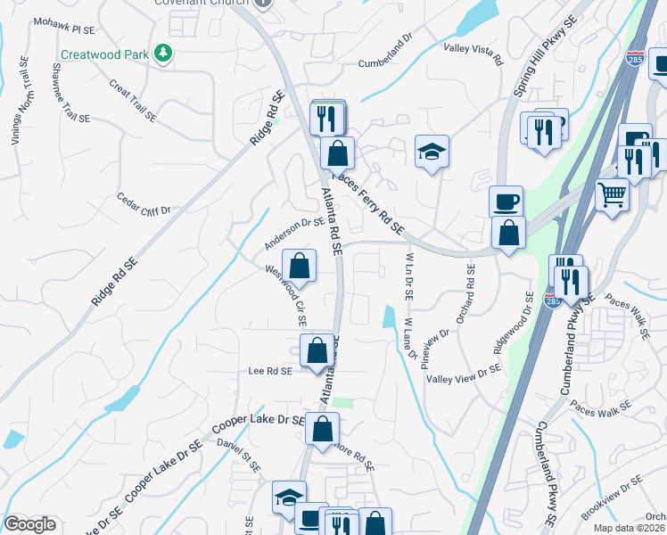 map of restaurants, bars, coffee shops, grocery stores, and more near 2151 Cheyanne Drive Southeast in Smyrna