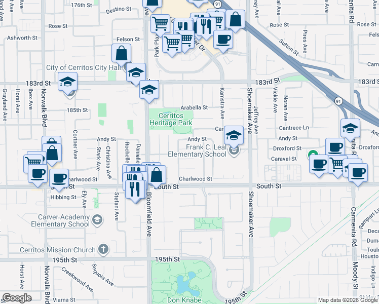 map of restaurants, bars, coffee shops, grocery stores, and more near 12722 Droxford Street in Cerritos