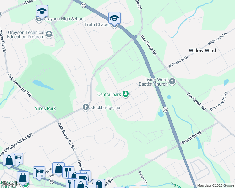map of restaurants, bars, coffee shops, grocery stores, and more near 3729 Loganville Highway Southwest in Loganville