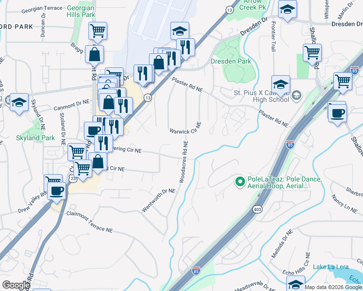 map of restaurants, bars, coffee shops, grocery stores, and more near 2559 Woodacres Road Northeast in Atlanta