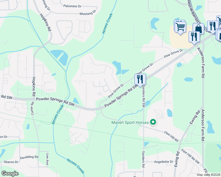 map of restaurants, bars, coffee shops, grocery stores, and more near 3836 Abbott Lane in Powder Springs