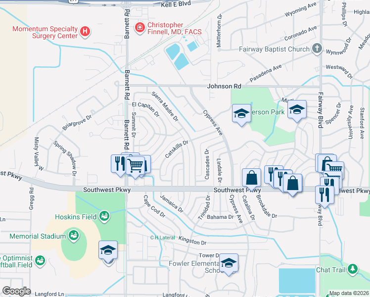 map of restaurants, bars, coffee shops, grocery stores, and more near 4644 Sierra Madre Drive in Wichita Falls