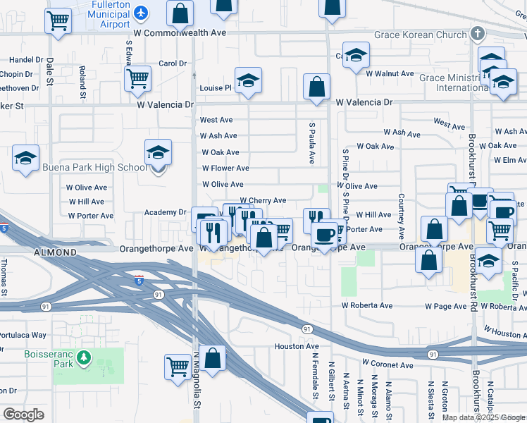 map of restaurants, bars, coffee shops, grocery stores, and more near 1013 Nicklett Avenue in Fullerton