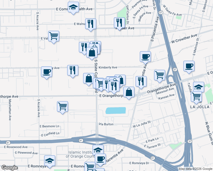 map of restaurants, bars, coffee shops, grocery stores, and more near 2424 Cypress Way in Fullerton