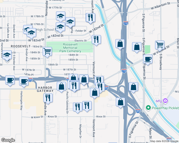 map of restaurants, bars, coffee shops, grocery stores, and more near 18708 South New Hampshire Avenue in Gardena