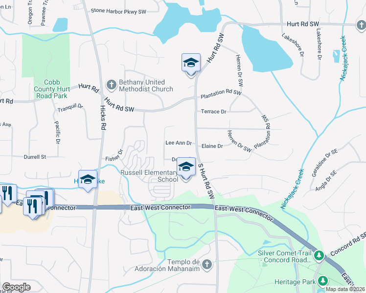 map of restaurants, bars, coffee shops, grocery stores, and more near 561 Lee Ann Drive in Smyrna