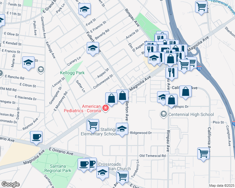map of restaurants, bars, coffee shops, grocery stores, and more near 860 Tangerine Street in Corona