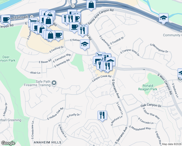 map of restaurants, bars, coffee shops, grocery stores, and more near 701 South Glenhurst Drive in Anaheim