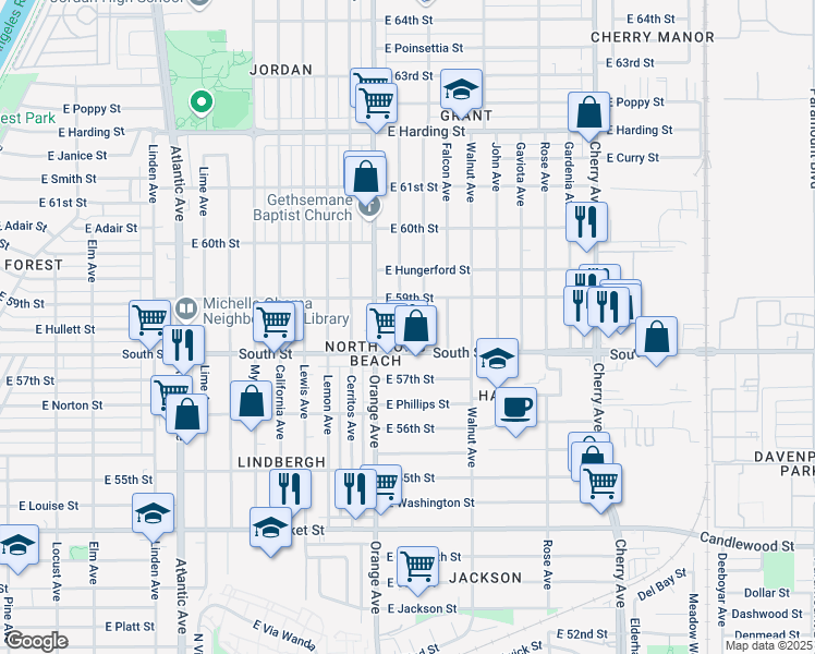 map of restaurants, bars, coffee shops, grocery stores, and more near 5842 Brayton Avenue in Long Beach