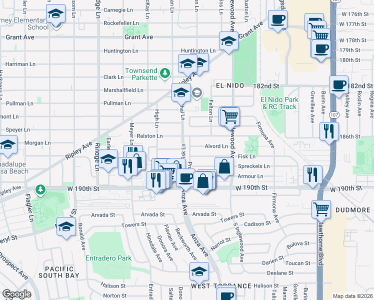 map of restaurants, bars, coffee shops, grocery stores, and more near 713 Pruitt Drive in Redondo Beach