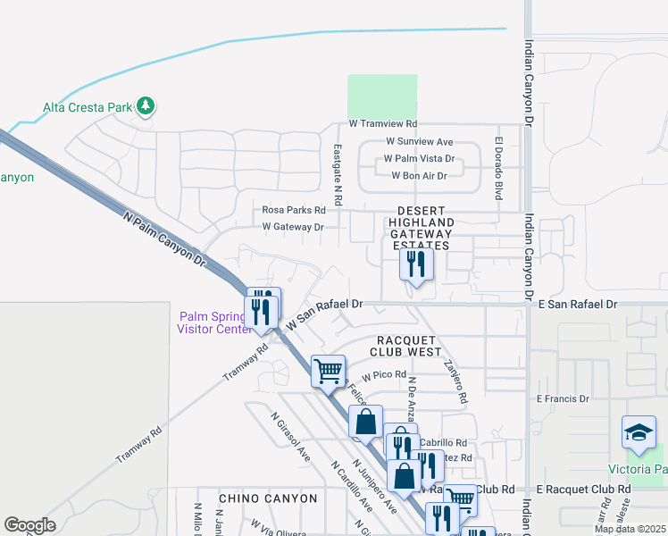 map of restaurants, bars, coffee shops, grocery stores, and more near 2810 North Arcadia Court in Palm Springs