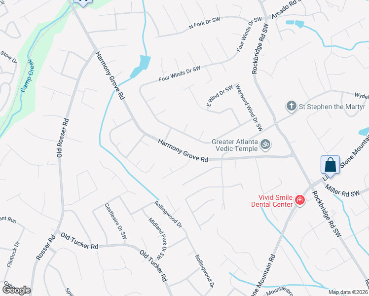 map of restaurants, bars, coffee shops, grocery stores, and more near 386 Harmony Grove Road in Lilburn