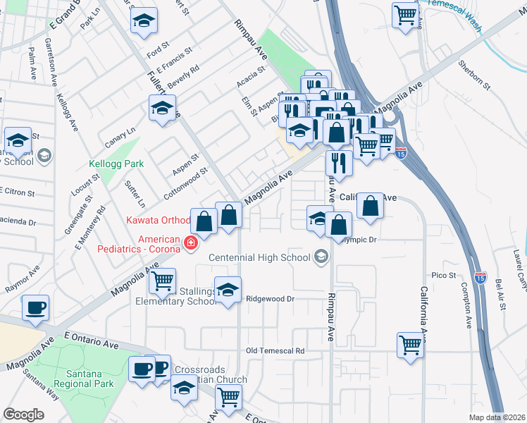 map of restaurants, bars, coffee shops, grocery stores, and more near 1761 Forum Way in Corona