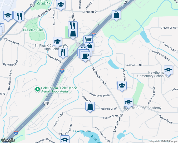 map of restaurants, bars, coffee shops, grocery stores, and more near 2500 Shallowford Road in Atlanta