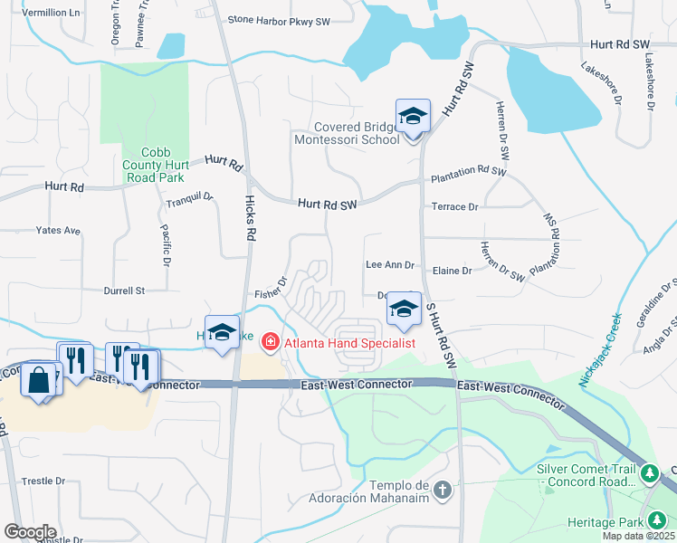map of restaurants, bars, coffee shops, grocery stores, and more near 3835 Donald Road Southwest in Smyrna