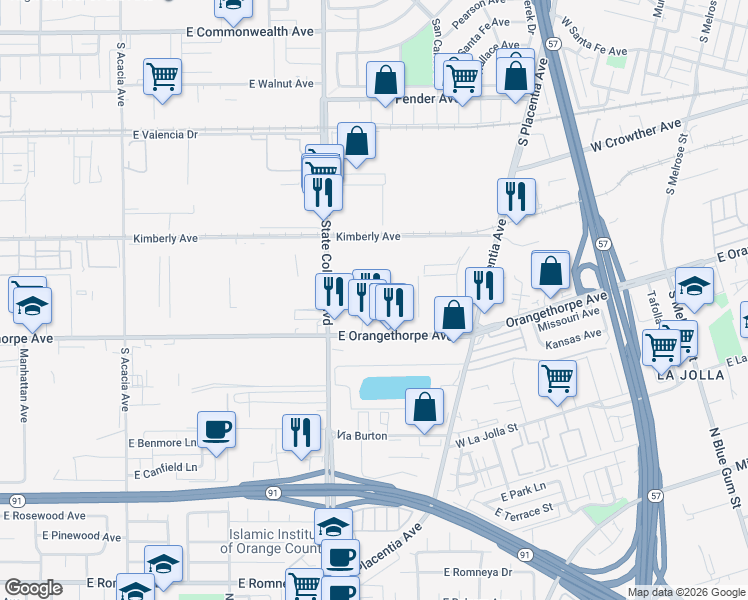 map of restaurants, bars, coffee shops, grocery stores, and more near 2424 Cypress Way in Fullerton