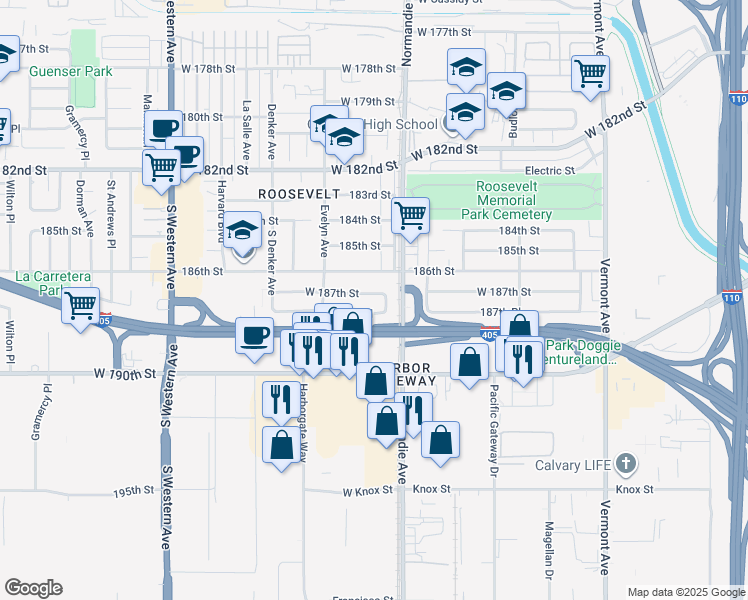 map of restaurants, bars, coffee shops, grocery stores, and more near 1418 West 187th Street in Gardena