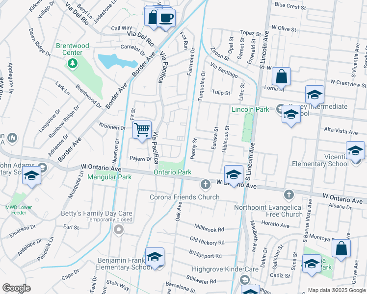 map of restaurants, bars, coffee shops, grocery stores, and more near 2025 Fairmont Drive in Corona