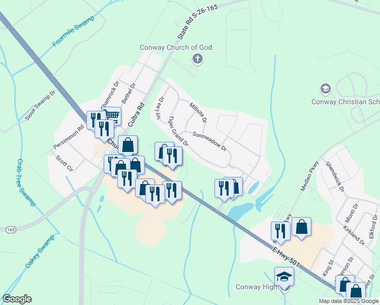 map of restaurants, bars, coffee shops, grocery stores, and more near 1424 Tiger Grand Drive in Conway