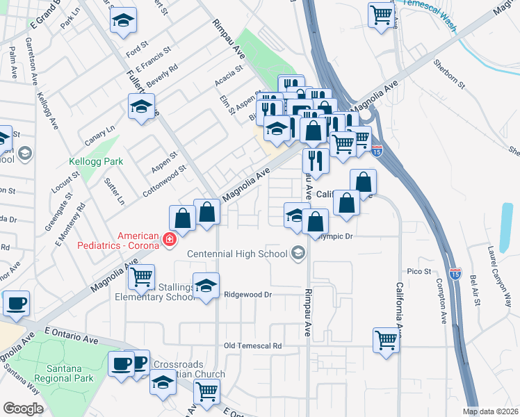 map of restaurants, bars, coffee shops, grocery stores, and more near 1550 Rimpau Avenue in Corona