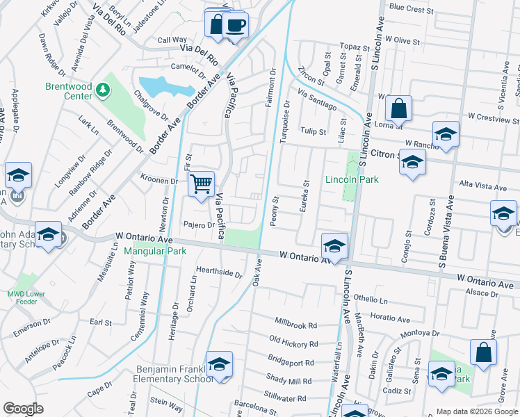 map of restaurants, bars, coffee shops, grocery stores, and more near 2060 Peony Street in Corona