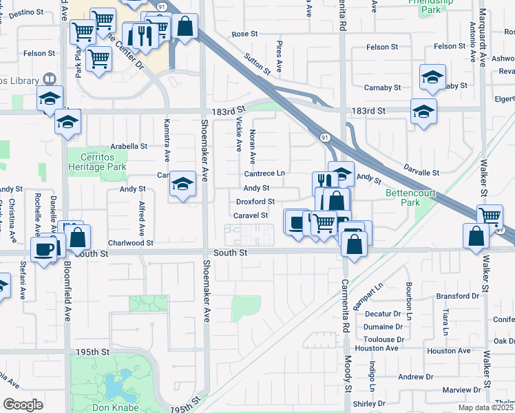 map of restaurants, bars, coffee shops, grocery stores, and more near 13132 Droxford Street in Cerritos