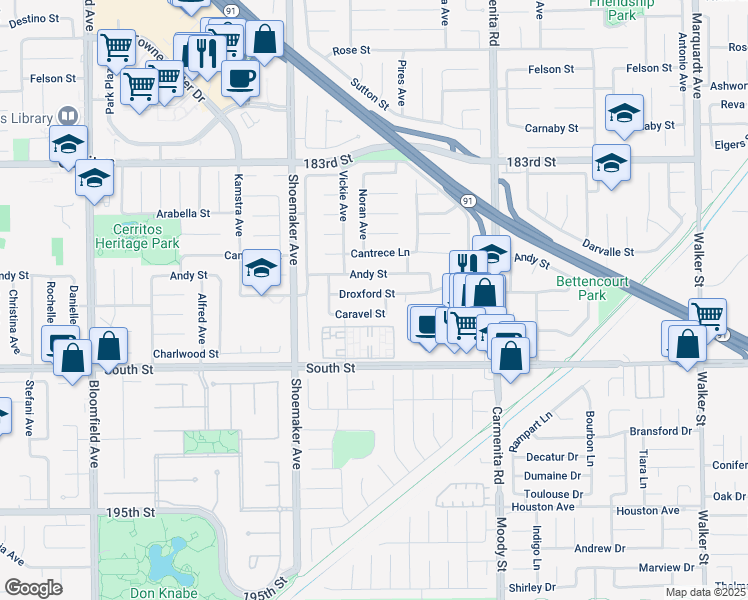 map of restaurants, bars, coffee shops, grocery stores, and more near 13132 Droxford Street in Cerritos
