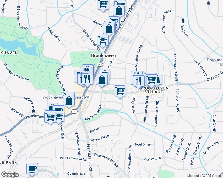 map of restaurants, bars, coffee shops, grocery stores, and more near 2564 Oglethorpe Circle Northeast in Atlanta