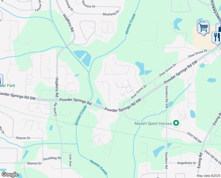 map of restaurants, bars, coffee shops, grocery stores, and more near 3846 Deercreek Drive in Powder Springs
