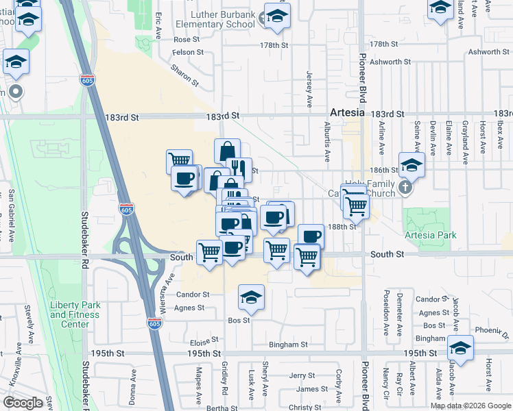 map of restaurants, bars, coffee shops, grocery stores, and more near 18716 Grace Court in Artesia