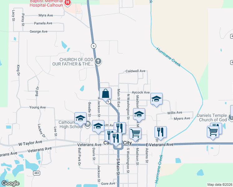map of restaurants, bars, coffee shops, grocery stores, and more near 301 Main Saint Exd in Calhoun City