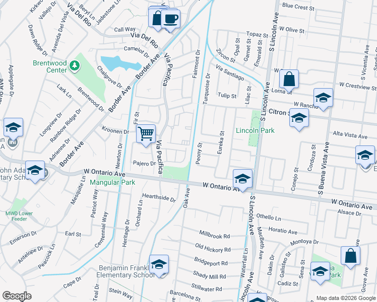 map of restaurants, bars, coffee shops, grocery stores, and more near 2025 Fairmont Drive in Corona