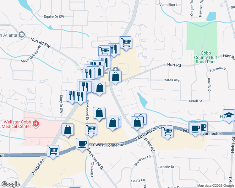 map of restaurants, bars, coffee shops, grocery stores, and more near 3796 Olson Drive in Austell