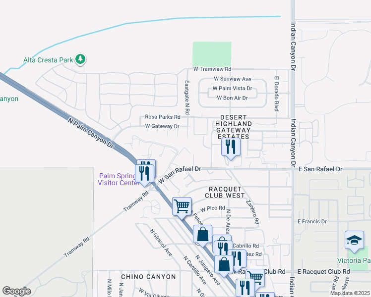 map of restaurants, bars, coffee shops, grocery stores, and more near 2810 North Arcadia Court in Palm Springs