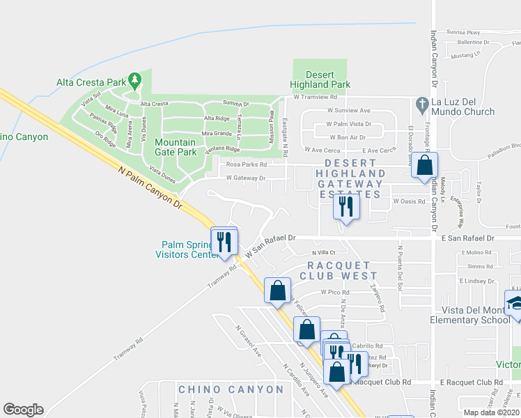 map of restaurants, bars, coffee shops, grocery stores, and more near 16 Ashby Circle in Palm Springs