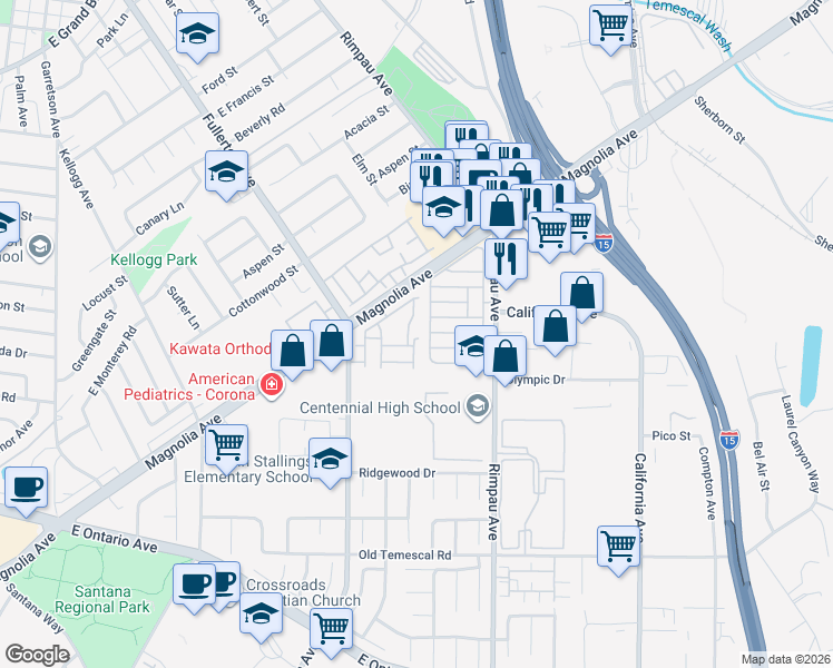 map of restaurants, bars, coffee shops, grocery stores, and more near 1550 Rimpau Avenue in Corona