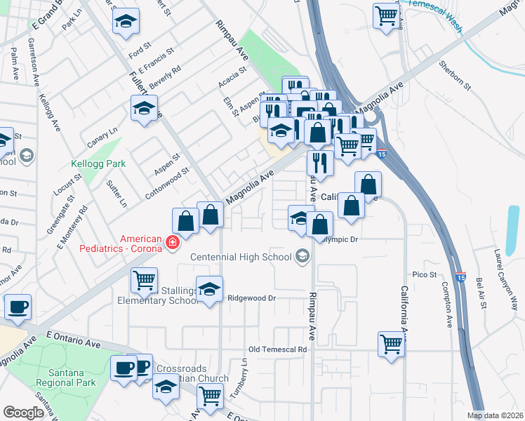 map of restaurants, bars, coffee shops, grocery stores, and more near 1550 Rimpau Avenue in Corona