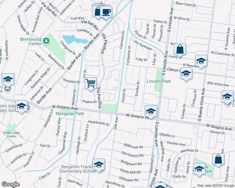 map of restaurants, bars, coffee shops, grocery stores, and more near 2060 Peony Street in Corona