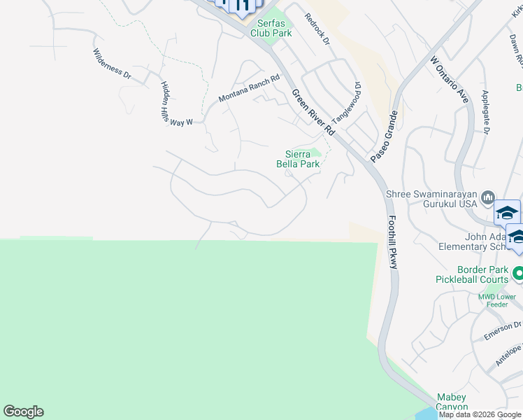 map of restaurants, bars, coffee shops, grocery stores, and more near 2575 Sierra Bella Drive in Corona