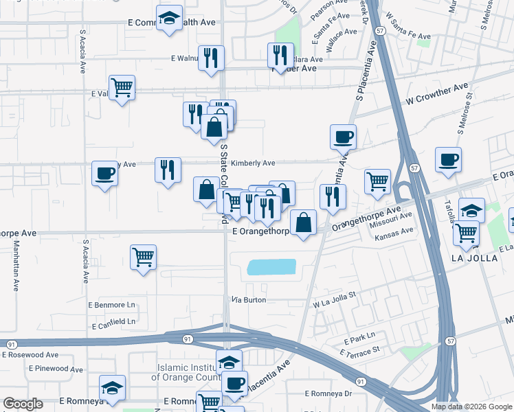 map of restaurants, bars, coffee shops, grocery stores, and more near 2424 Cypress Way in Fullerton