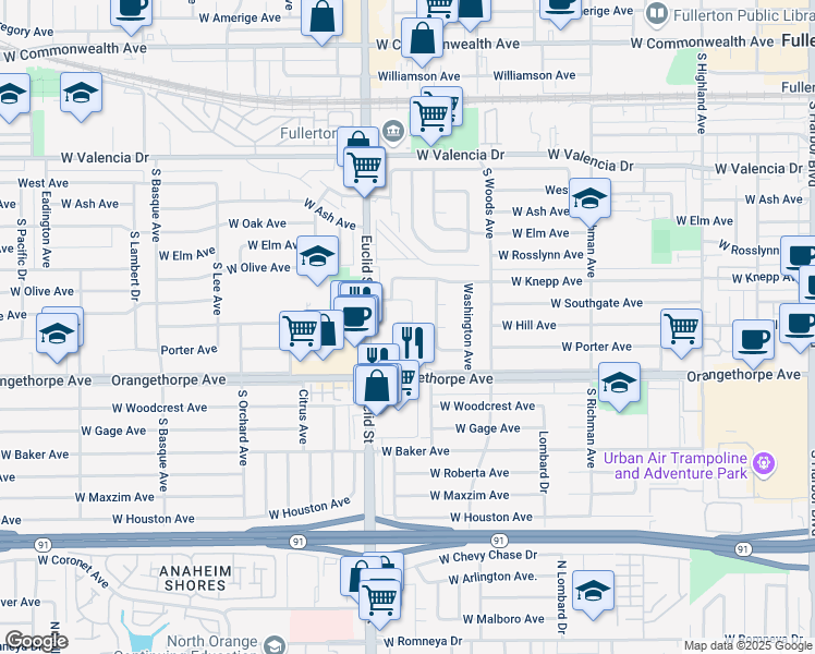 map of restaurants, bars, coffee shops, grocery stores, and more near 906 Hill Avenue in Fullerton
