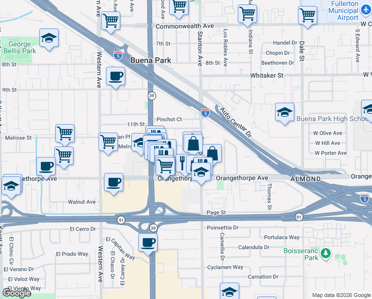 map of restaurants, bars, coffee shops, grocery stores, and more near 6841 Stanton Avenue in Buena Park