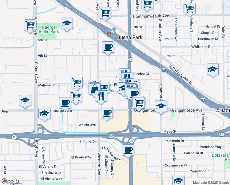 map of restaurants, bars, coffee shops, grocery stores, and more near 7622 Melrose Street in Buena Park
