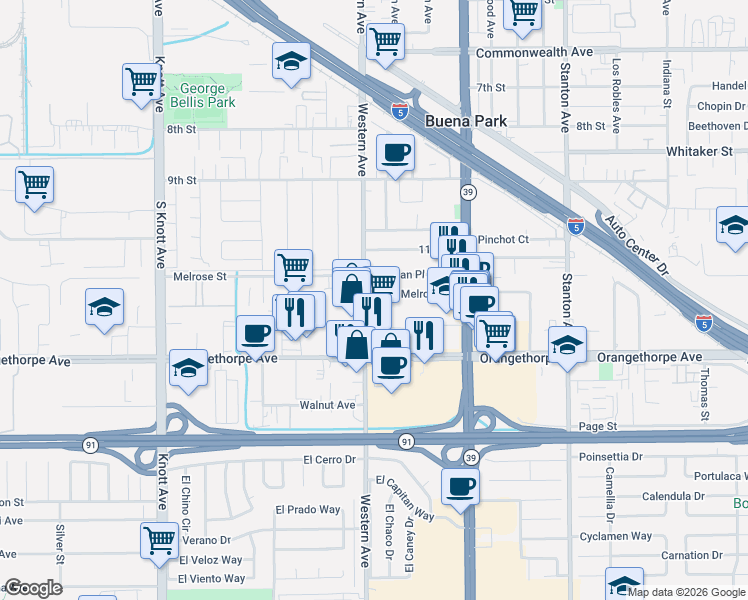 map of restaurants, bars, coffee shops, grocery stores, and more near in Buena Park