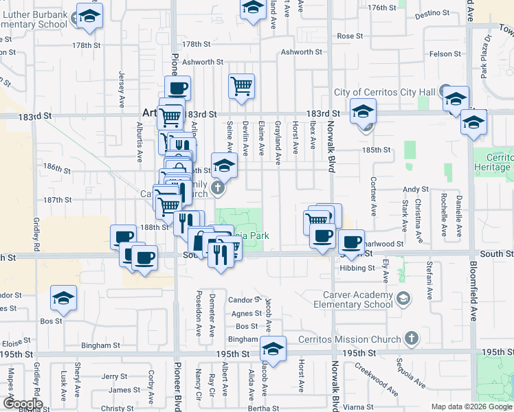 map of restaurants, bars, coffee shops, grocery stores, and more near 11974 Droxford Street in Artesia