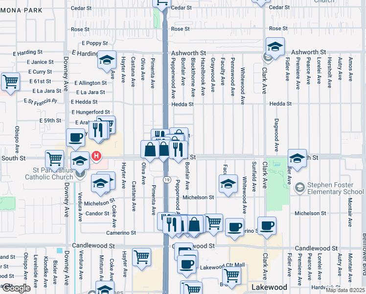 map of restaurants, bars, coffee shops, grocery stores, and more near 5815 Bonfair Avenue in Lakewood